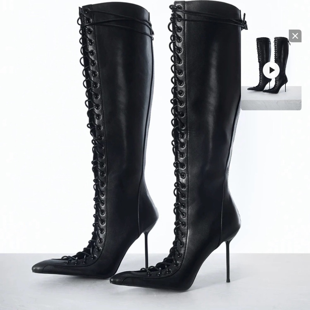 Elegant Black Lace-Up Knee-High Boots never worn!